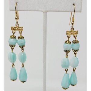 Vintage Gold tone baby blue marbled glass dangly Earrings